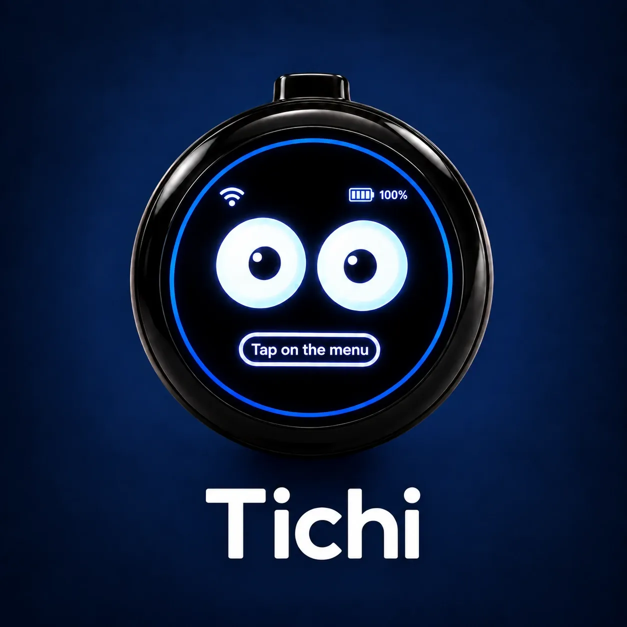 Pocket Tichi, a round black disc with a blue ring and two eyes on its screen