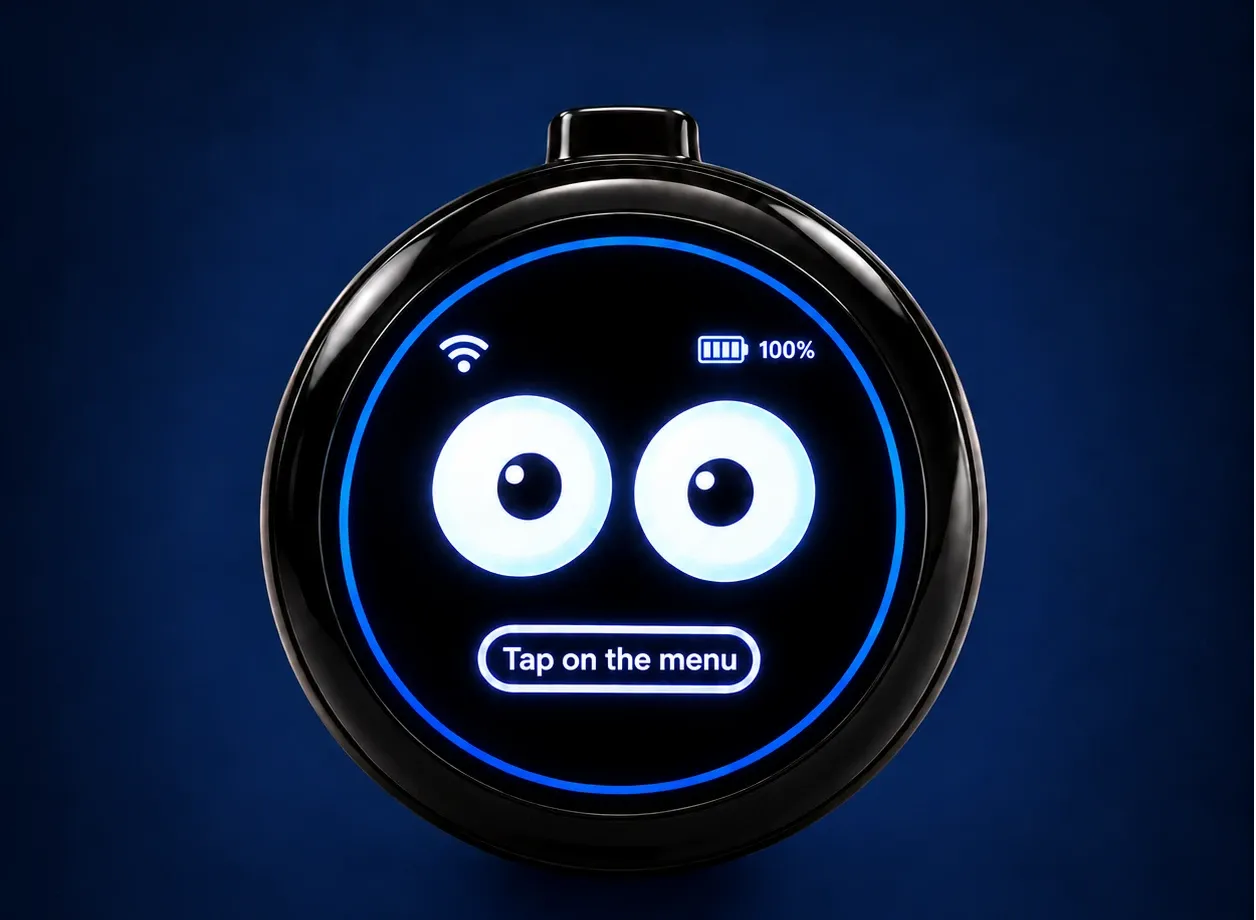Pocket Tichi, a round black disc with a blue ring and two eyes on its screen